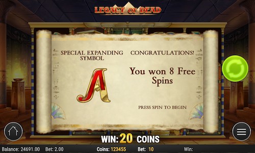 legacy of dead slot free spins