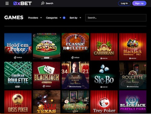 0xbet casino table games